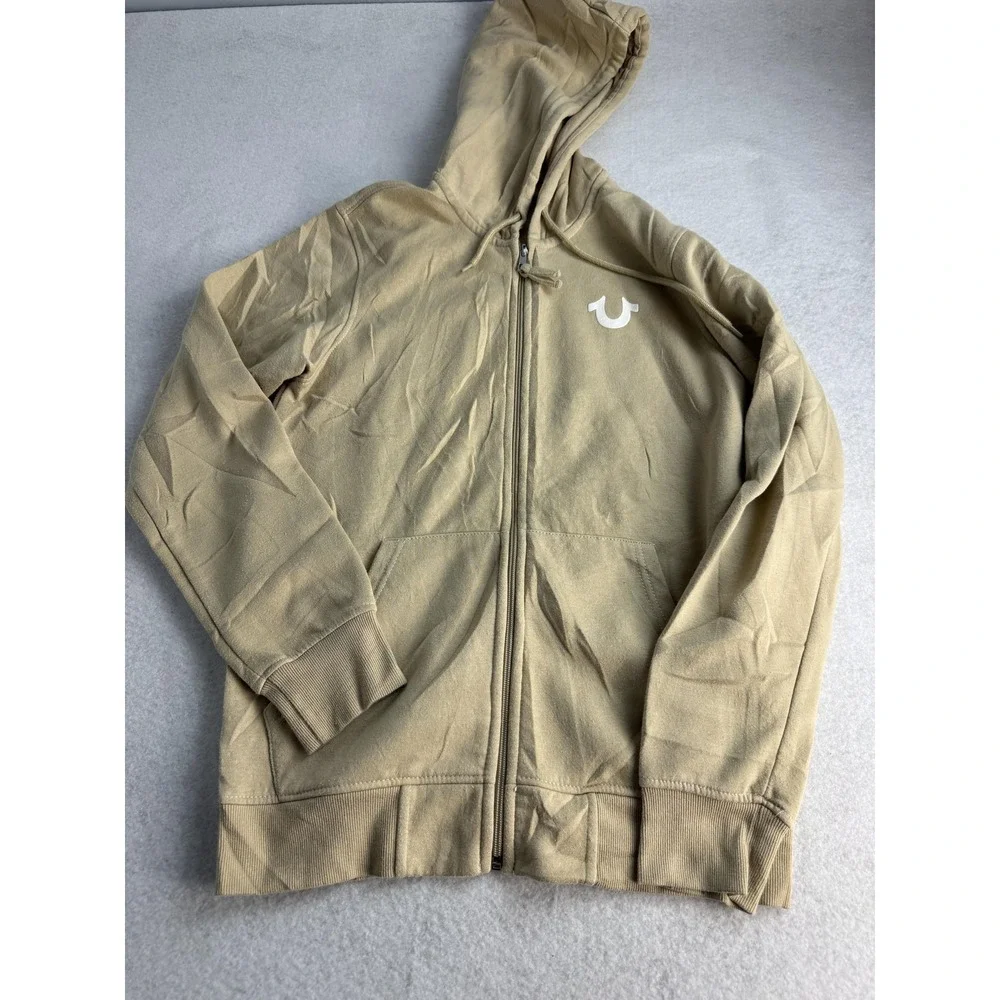 True Religion Hoodie Mens Small Beige Full Zip Fleece Buddha Graphic Sweatshirt
